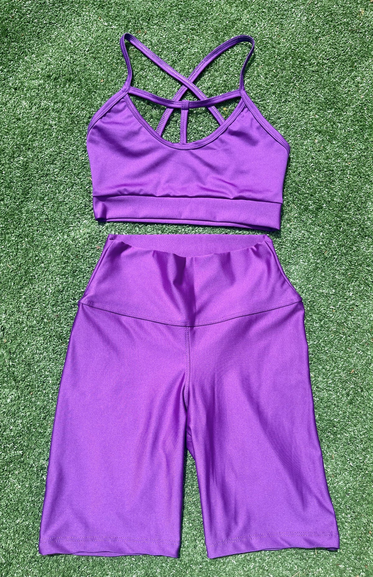Samuga Style Women's Metallic Purple Strappy Sports Bra & High-Waist Biker Shorts Set