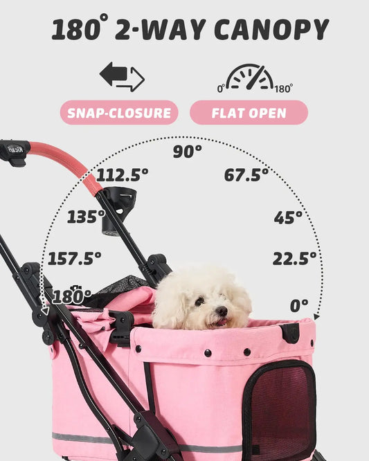 Pink Pet Stroller for Small Dogs & Cats, Foldable with 4-Wheel Shock Absorption, Adjustable Canopy & Washable Pad