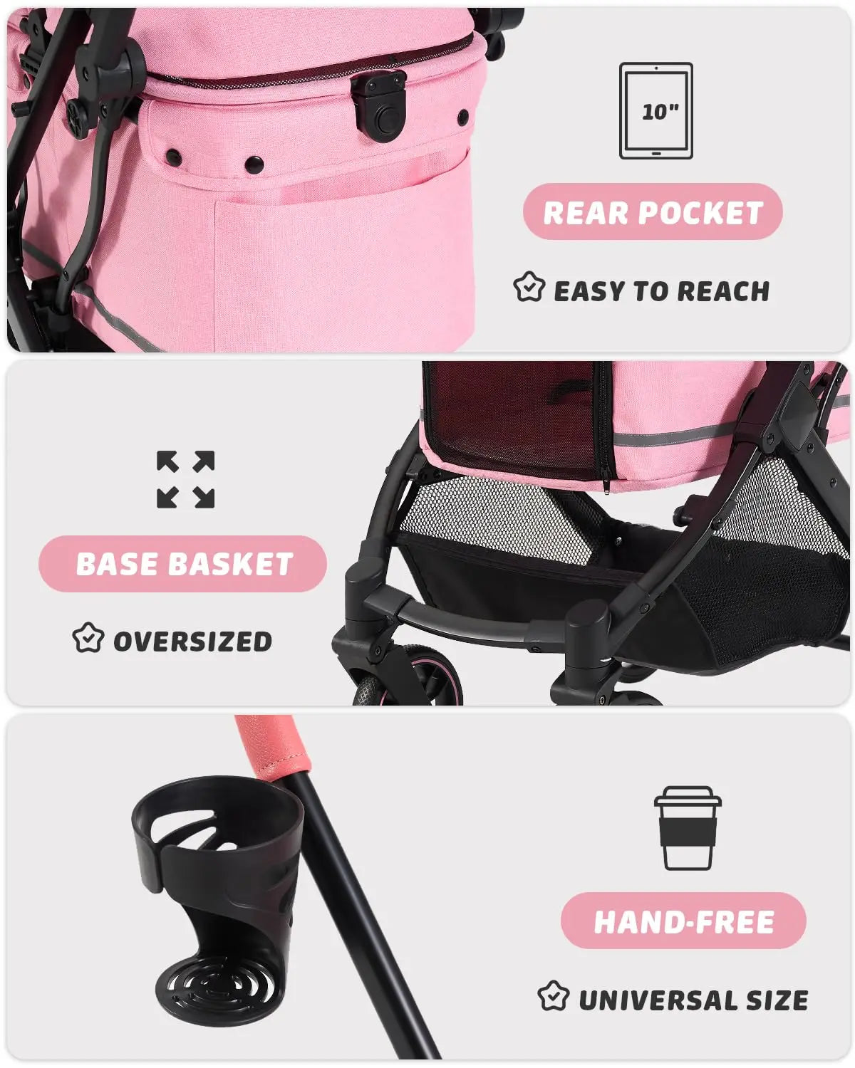 Pink Pet Stroller for Small Dogs & Cats, Foldable with 4-Wheel Shock Absorption, Adjustable Canopy & Washable Pad