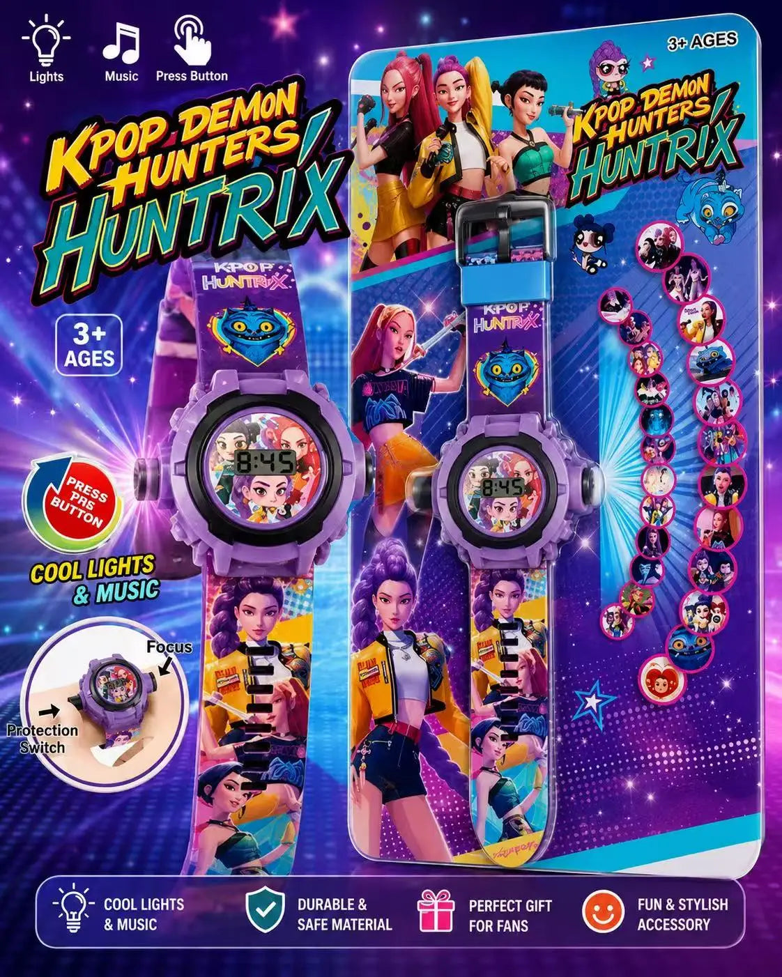 Kids Digital LED Projection Watch - K-Pop Demon Hunters Huntrix Purple Watch
