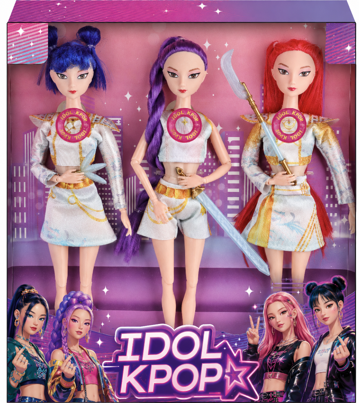 Idol KPop 3-Pack Fashion Doll Set - White & Gold Battle Outfits with Weapons