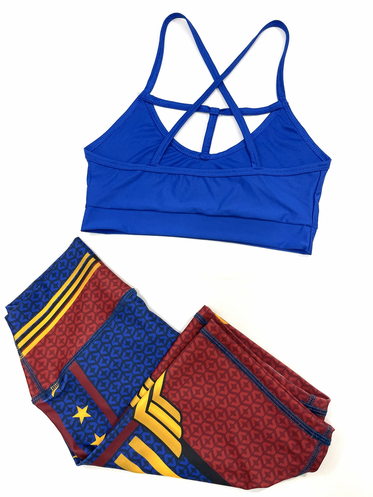 Samuga Style Women's 2-Piece Activewear Set - Strappy Royal Blue Sports Bra & Wonder Woman Emblem Biker Shorts
