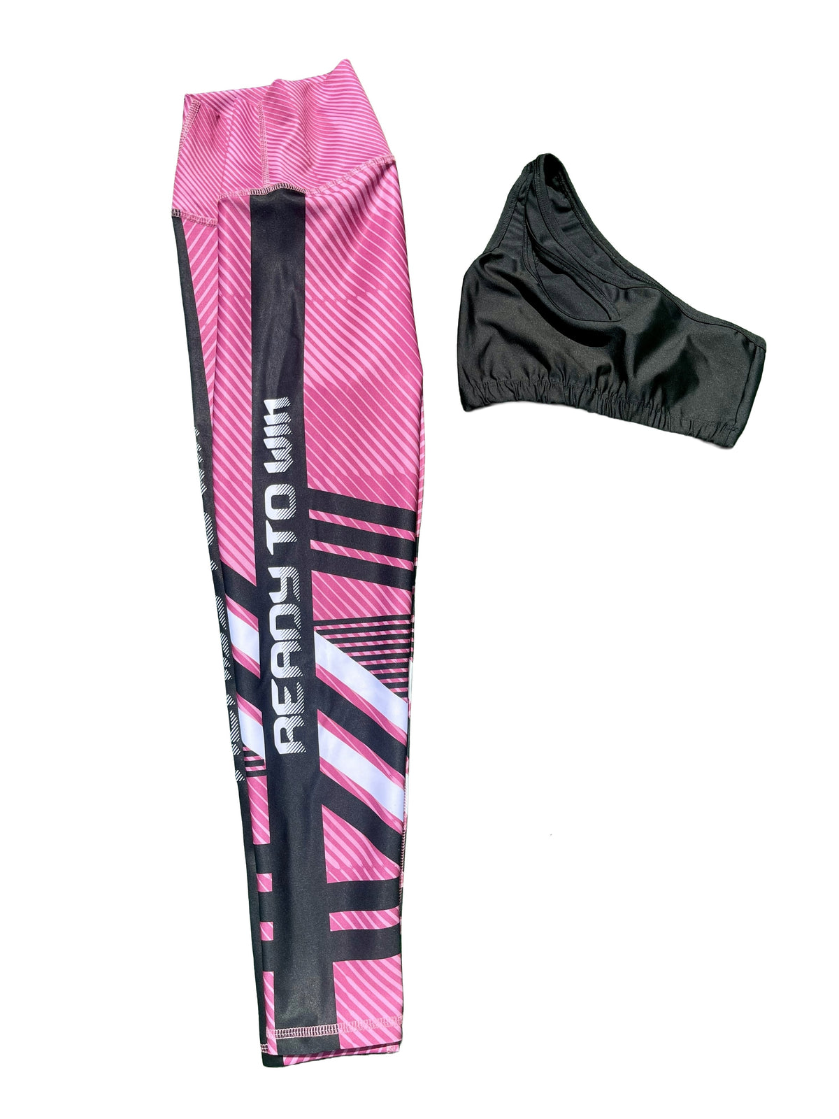 Samuga Style Women's Black One-Shoulder Sports Bra & Pink READY TO WIN Leggings Set