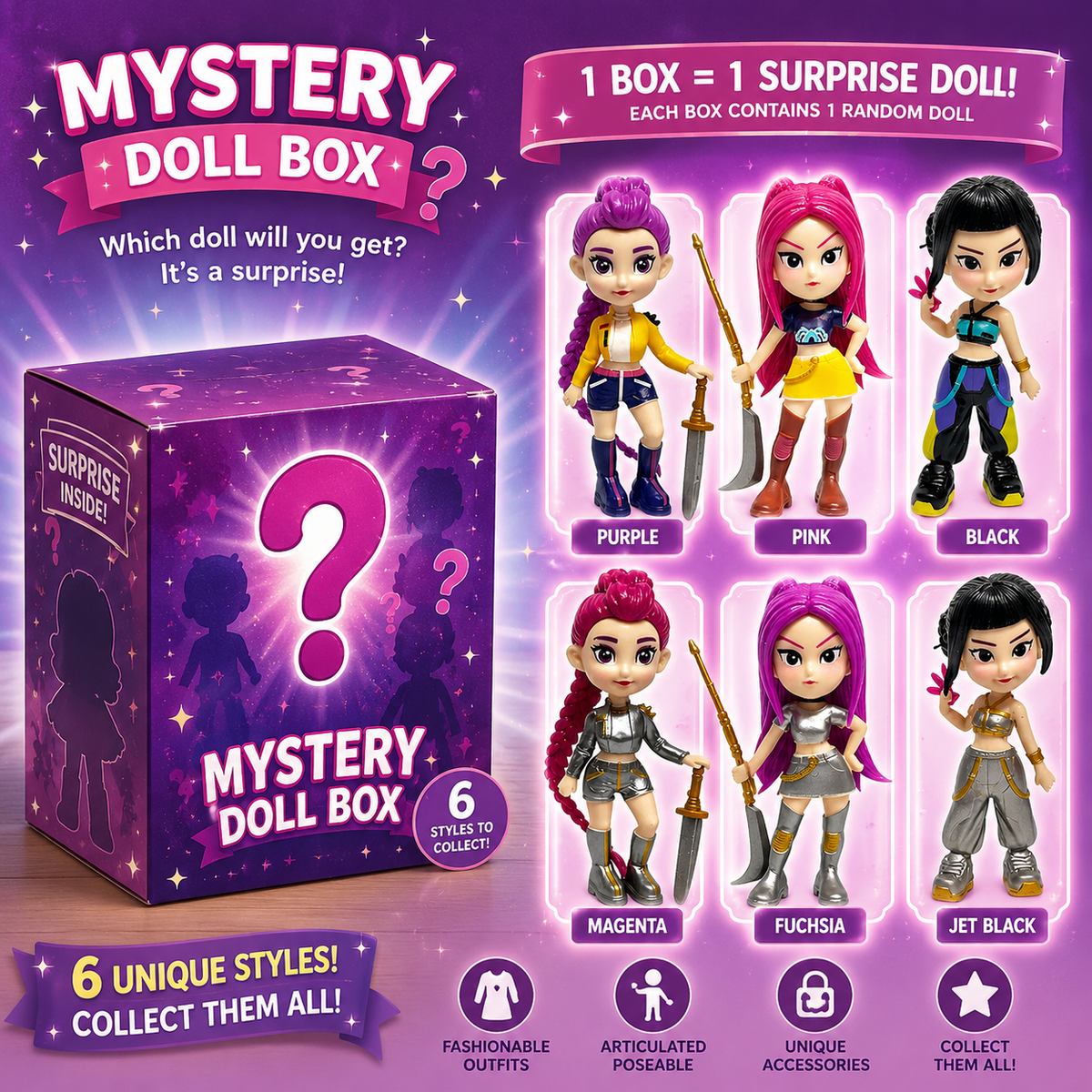 K-Pop Mystery Doll Box featuring 6 collectible surprise figures in unique outfits including Purple, Pink, Black, Magenta, Fuchsia, and Jet Black styles.