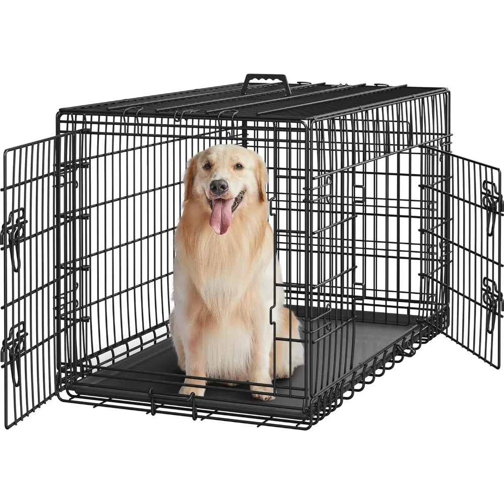 Yah 42in Double Door Dog Crate with Divider,Collapsible Metal Kennel with Removable Tray for Large Dogs Portable Travel,Black