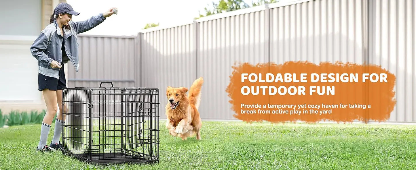 Yah 42in Double Door Dog Crate with Divider,Collapsible Metal Kennel with Removable Tray for Large Dogs Portable Travel,Black