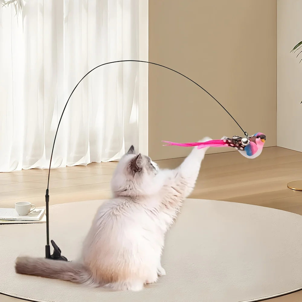Cat Teaser Toy Wand Cat Toy Removable Suction Double Simulated Chirping Bird Game 2 In 1 For Weight Management Agility Training