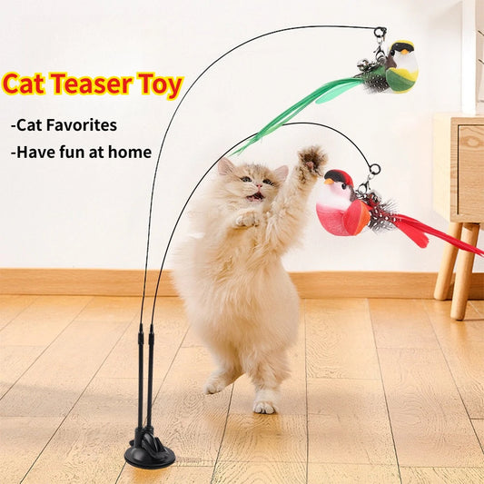 Cat Teaser Toy Wand Cat Toy Removable Suction Double Simulated Chirping Bird Game 2 In 1 For Weight Management Agility Training