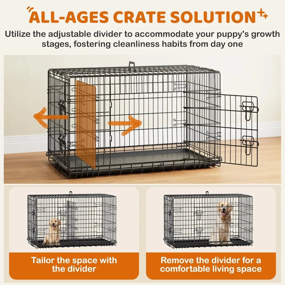 Yah 42in Double Door Dog Crate with Divider,Collapsible Metal Kennel with Removable Tray for Large Dogs Portable Travel,Black
