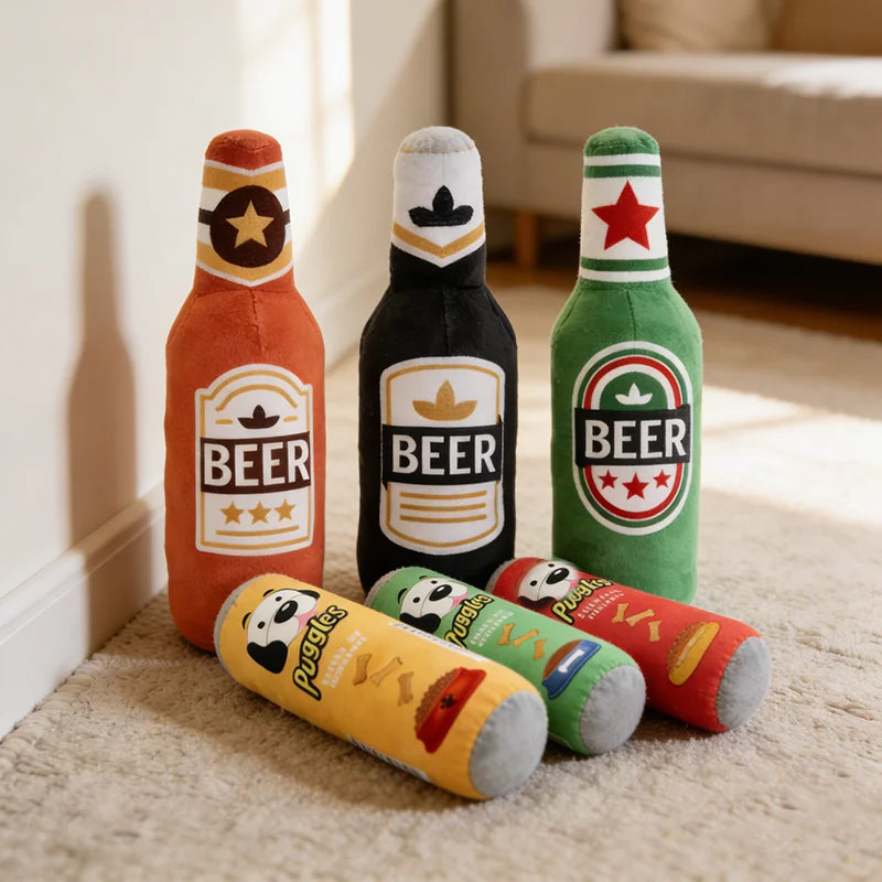 Simulated Beer Bottle Plush Dog Toy with Squeaky BB Sound Interactive Bite Resistant Pet Toy for Teeth Cleaning And Molar Relief
