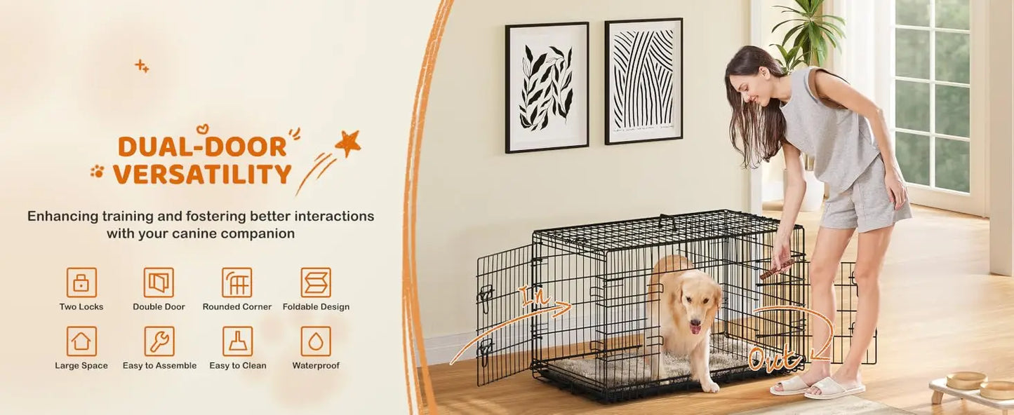 Yah 42in Double Door Dog Crate with Divider,Collapsible Metal Kennel with Removable Tray for Large Dogs Portable Travel,Black
