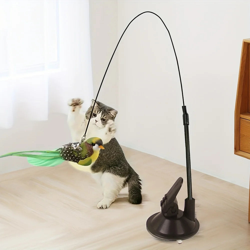 Cat Teaser Toy Wand Cat Toy Removable Suction Double Simulated Chirping Bird Game 2 In 1 For Weight Management Agility Training