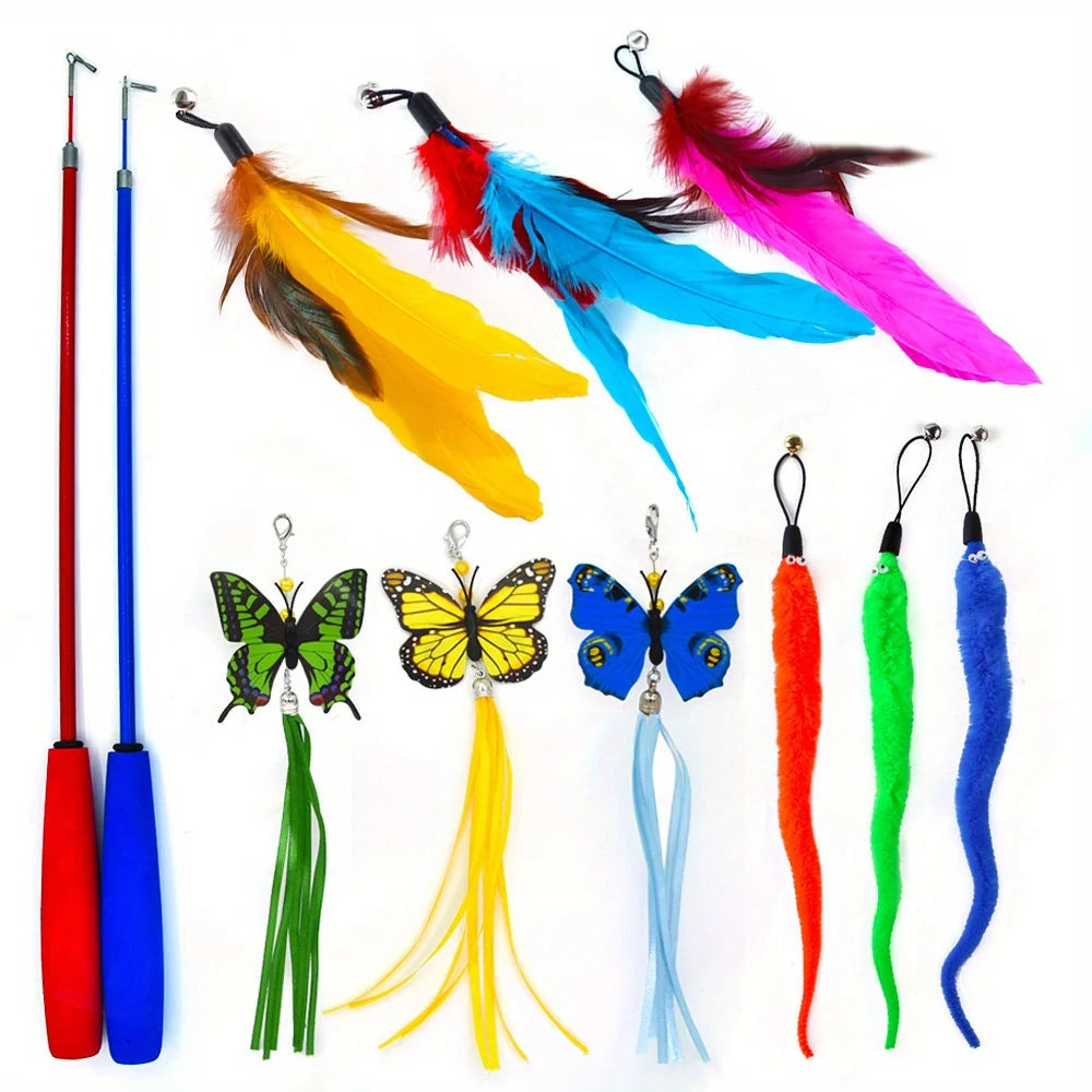 Interactive Cat Toys 11 Pack Funny Feather with Bell Cat Stick Toy for Kitten Playing Teaser Wand Toy Pet Cats Supplies