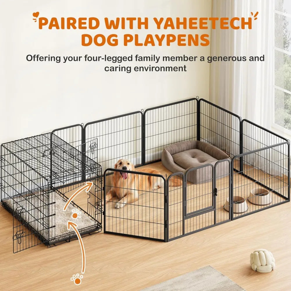 Yah 42in Double Door Dog Crate with Divider,Collapsible Metal Kennel with Removable Tray for Large Dogs Portable Travel,Black