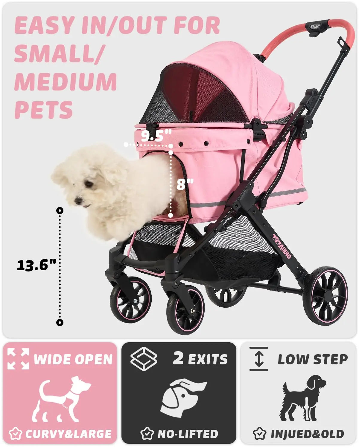 Pink Pet Stroller for Small Dogs & Cats, Foldable with 4-Wheel Shock Absorption, Adjustable Canopy & Washable Pad