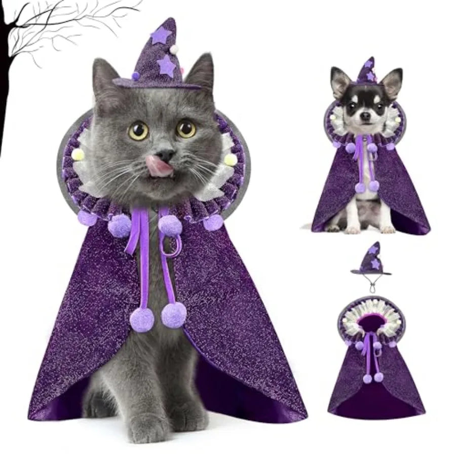 Pet Halloween Costume with Hat, Dog Clothes Cosplay Wizard Cloak for Small Puppy Kitten Animal, Shiny Cat Outfit Suit for Party