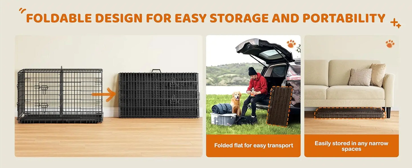 Yah 42in Double Door Dog Crate with Divider,Collapsible Metal Kennel with Removable Tray for Large Dogs Portable Travel,Black