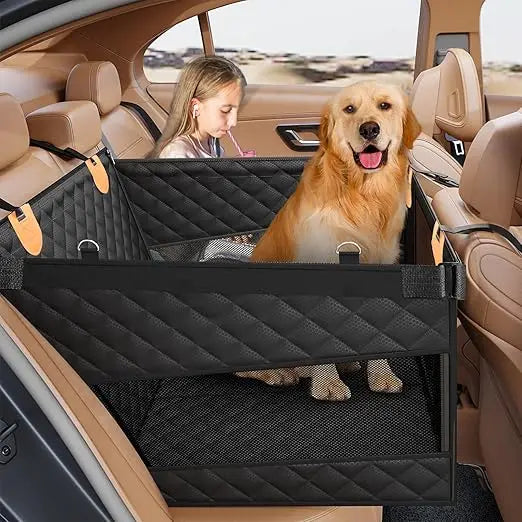 Large Dog Car Seat Back Seat Extender for Dogs with 3 Mesh Windows, Waterproof Medium Carseat for Dogs with 4-Splice Hard Bottom
