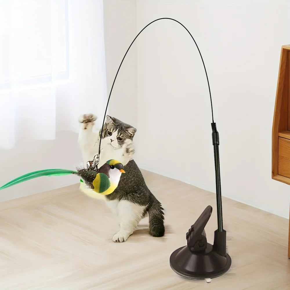 Cat Teaser Toy Wand Cat Toy Removable Suction Double Simulated Chirping Bird Game 2 In 1 For Weight Management Agility Training