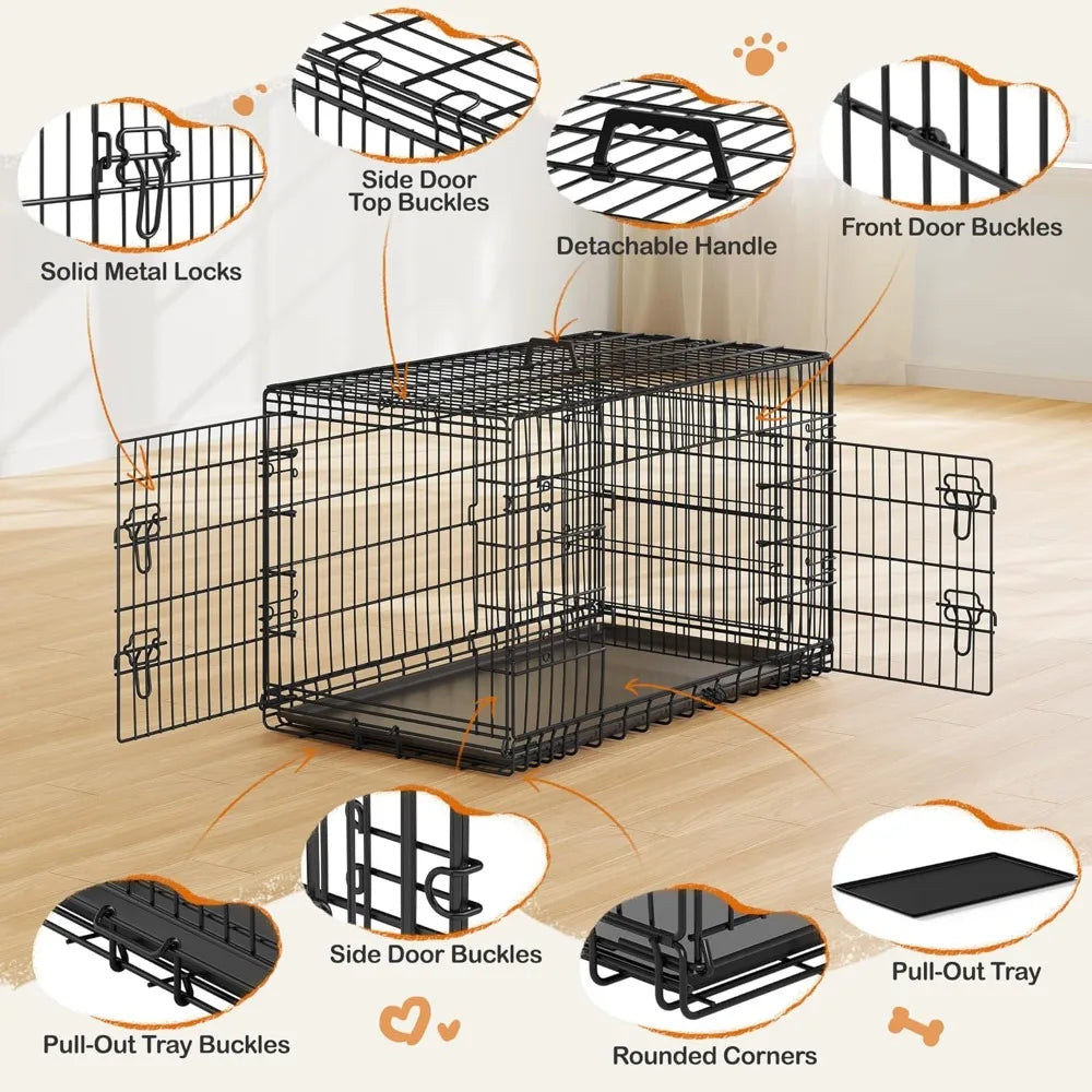Yah 42in Double Door Dog Crate with Divider,Collapsible Metal Kennel with Removable Tray for Large Dogs Portable Travel,Black