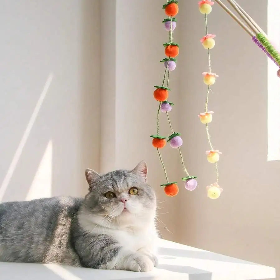 2pcs Colorful Cat Teaser Wands With Bells Interactive Plush Ball Toys For Adult Cats