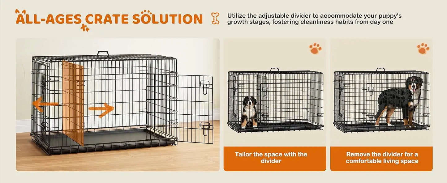 Yah 42in Double Door Dog Crate with Divider,Collapsible Metal Kennel with Removable Tray for Large Dogs Portable Travel,Black