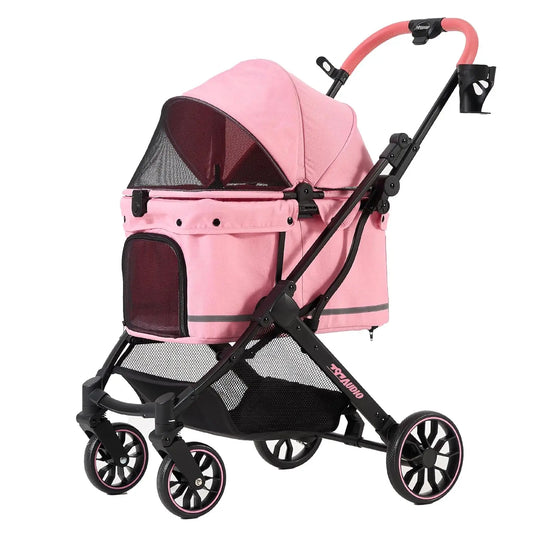 Pink Pet Stroller for Small Dogs & Cats, Foldable with 4-Wheel Shock Absorption, Adjustable Canopy & Washable Pad