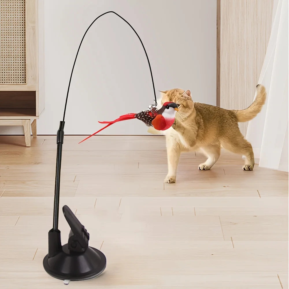 Cat Teaser Toy Wand Cat Toy Removable Suction Double Simulated Chirping Bird Game 2 In 1 For Weight Management Agility Training