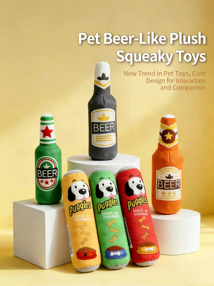 Simulated Beer Bottle Plush Dog Toy with Squeaky BB Sound Interactive Bite Resistant Pet Toy for Teeth Cleaning And Molar Relief