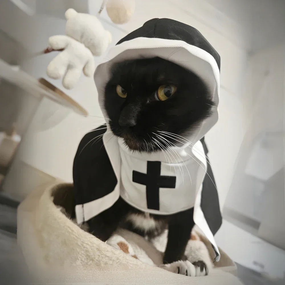 Halloween Cats Nun Costume Jesus Cross Print Kitty Clothes for Small Dogs Funny Cute Dress Up Party Pet Overalls Cat Accessories