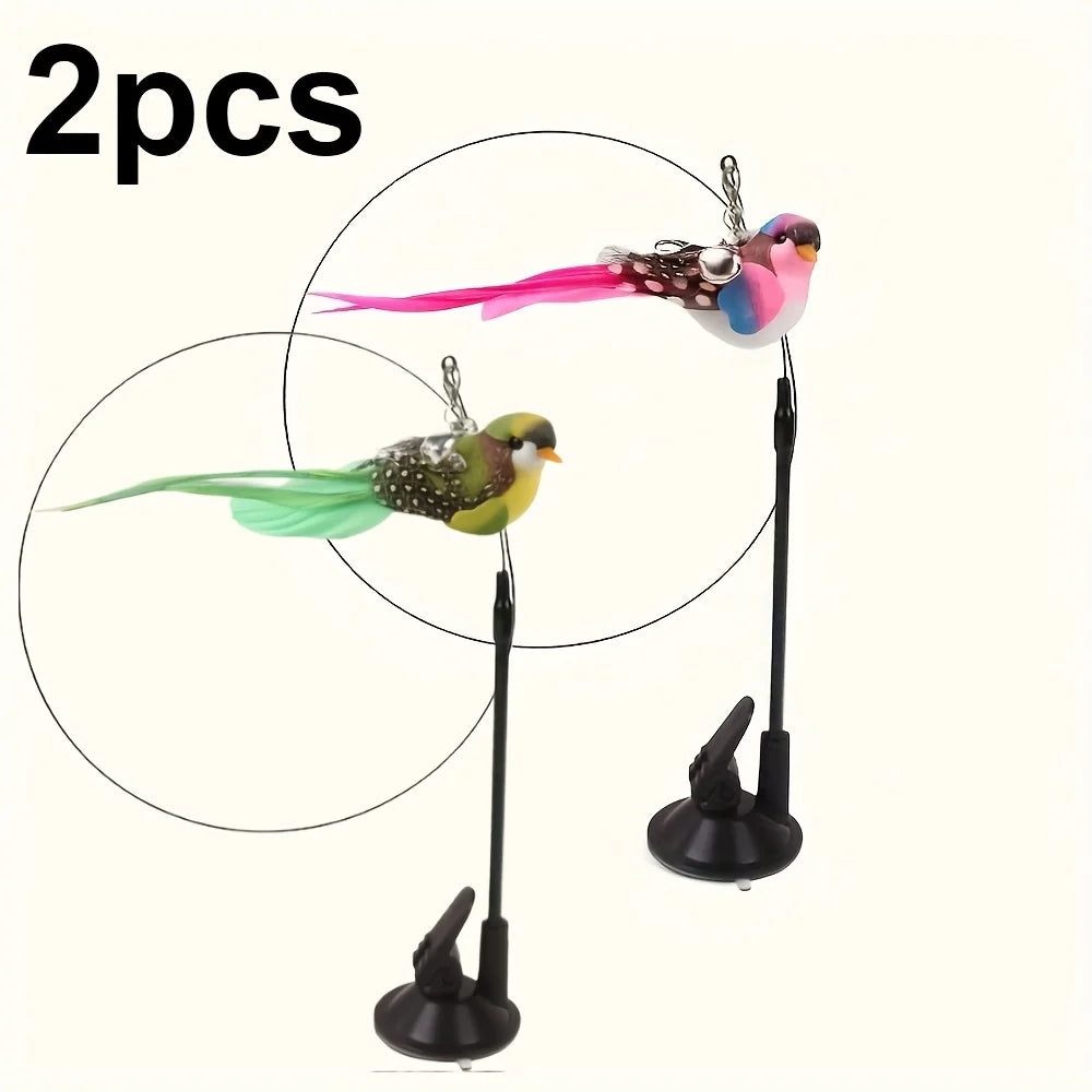 Cat Teaser Toy Wand Cat Toy Removable Suction Double Simulated Chirping Bird Game 2 In 1 For Weight Management Agility Training